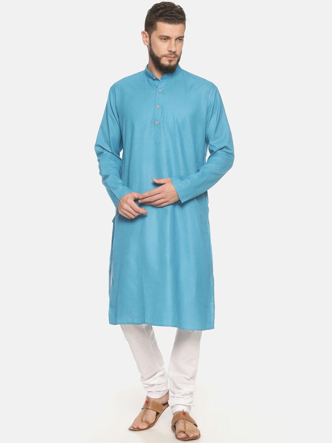 tattva men sea green solid straight kurta