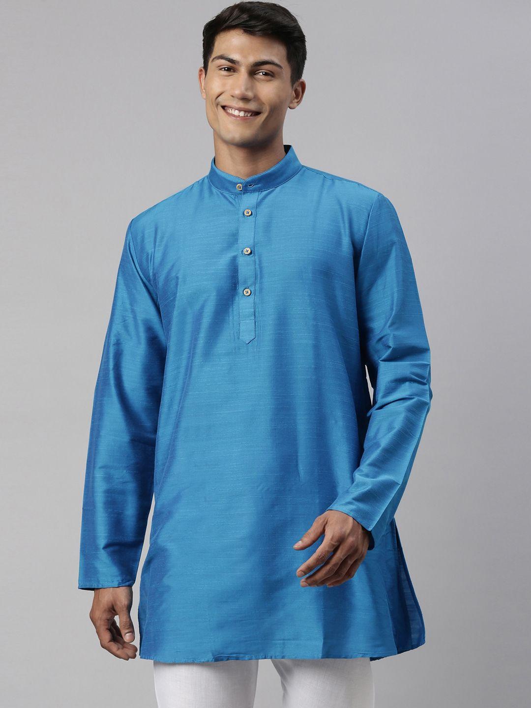 tattva men turquoise blue solid cotton kurta