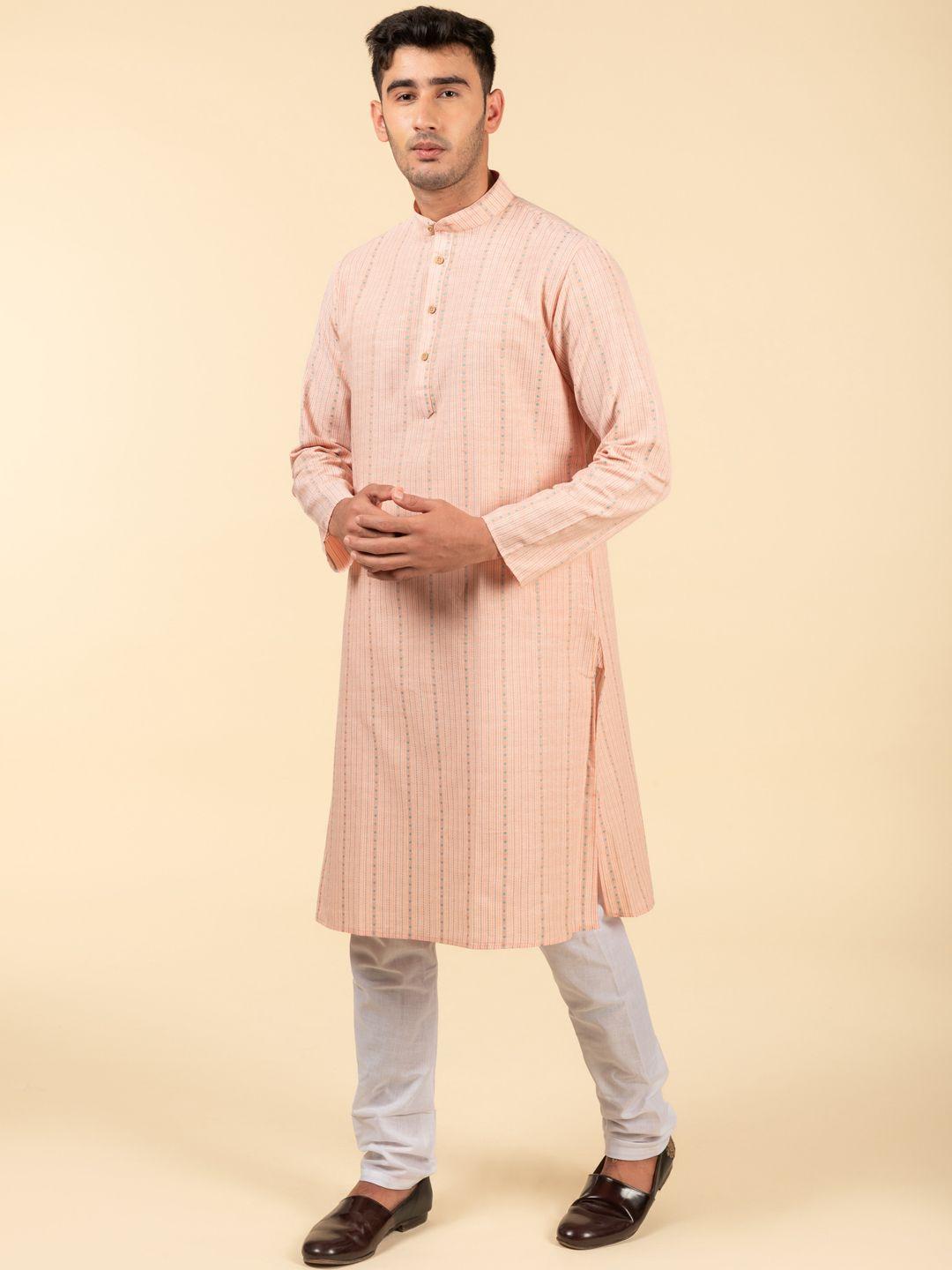 tattva striped printed band collar long sleeve cotton kurta set