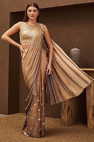 taupe ombre georgette satin pre-stitched embroidered saree set