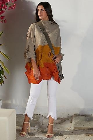 taupe & orange pleated polyester top