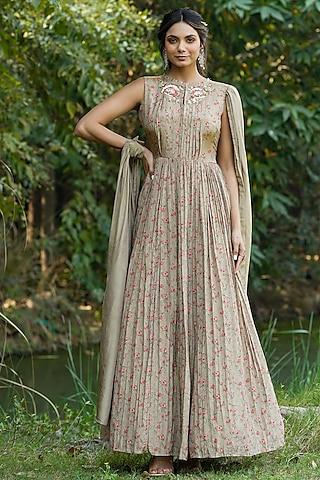 taupe chinnon silk printed draped gown