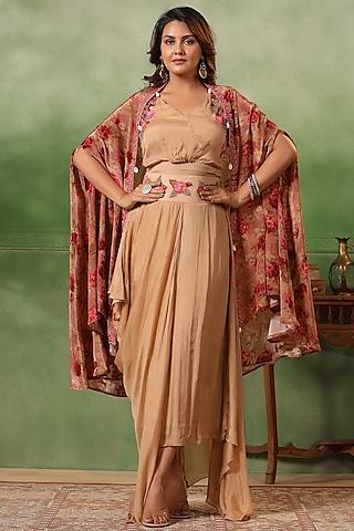 taupe crepe hand embroidered & floral printed asymmetric cape set