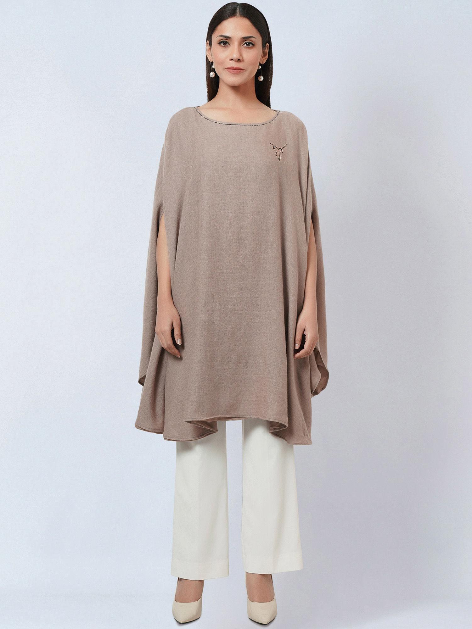 taupe embellished long cashmere poncho