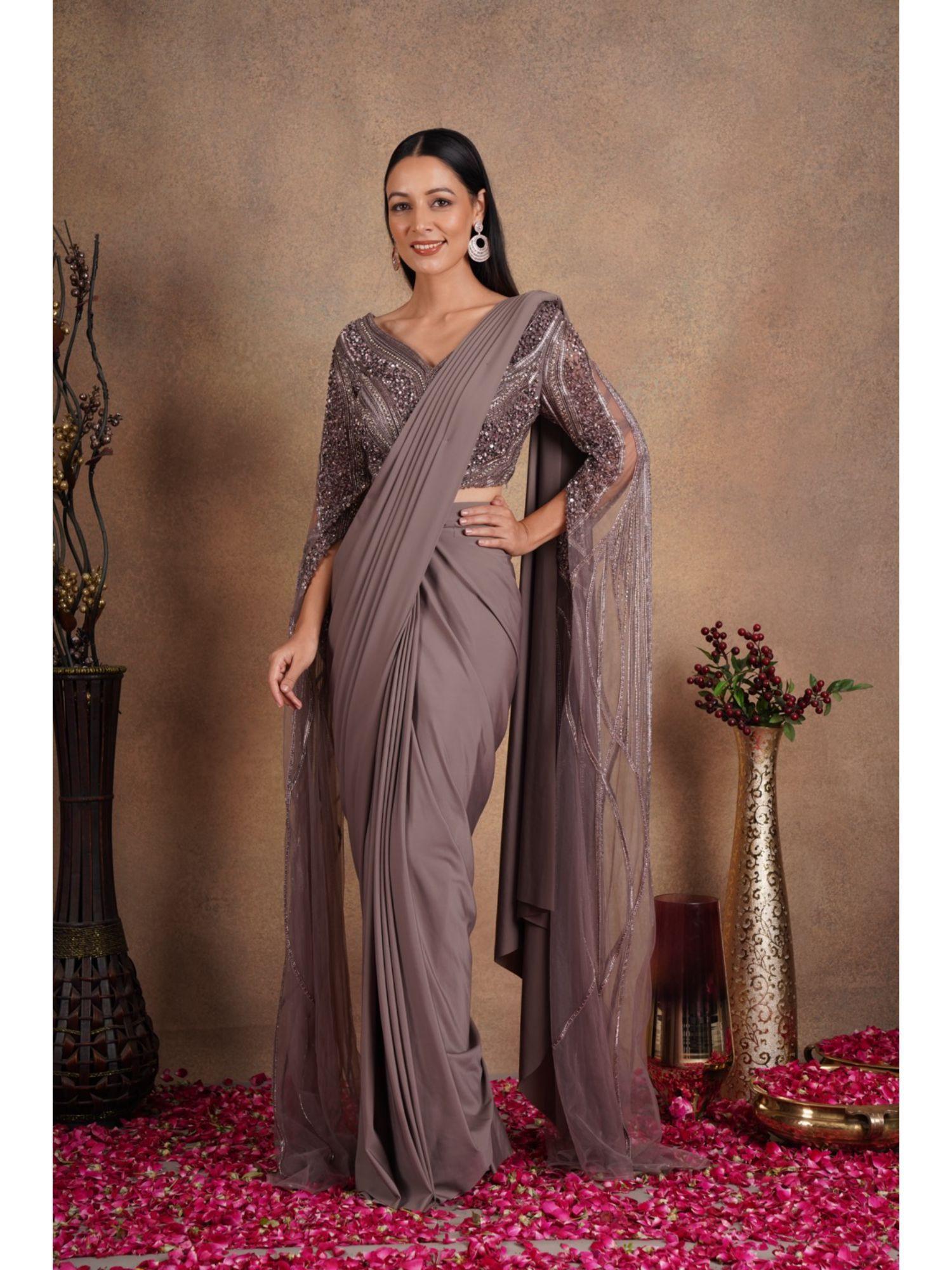 taupe embellished pre-drape saree with stitched blouse