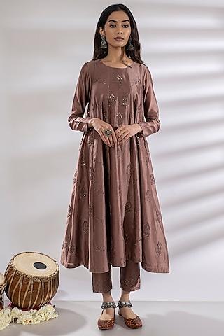 taupe embroidered anarkali set