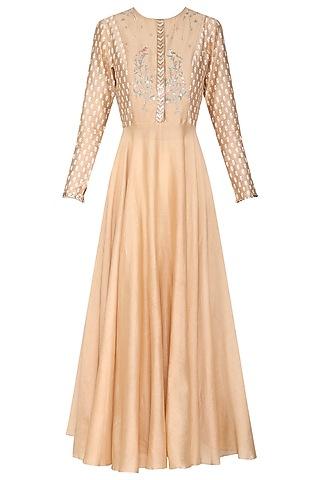 taupe embroidered kurta with ivory palazzo pants