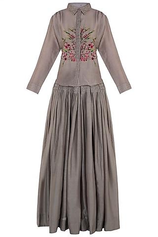 taupe embroidered shirt with pleated skirt