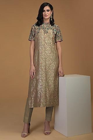 taupe green embroidered kurta with pants