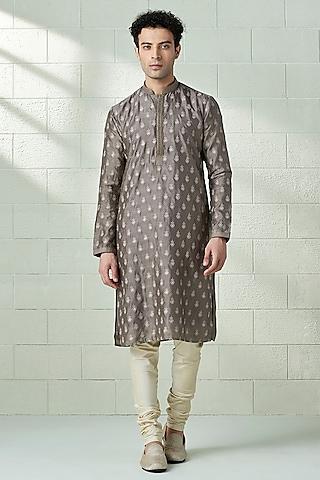 taupe grey art silk embroidered kurta set