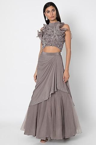 taupe grey embroidered blouse with lehenga skirt