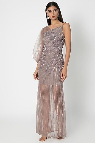 taupe grey embroidered one-shoulder gown