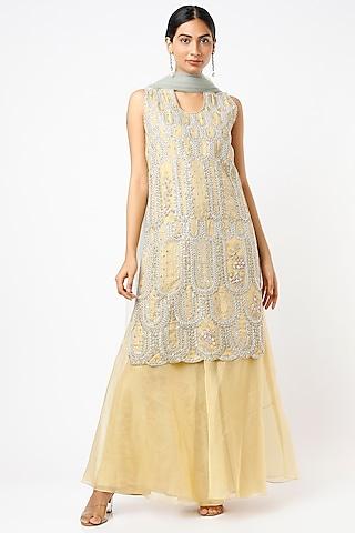 taupe lemon embroidered kurta set