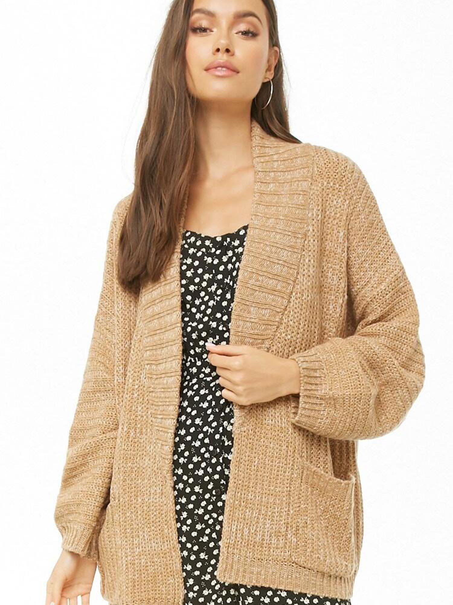 taupe marled ribbed open-front cardigan
