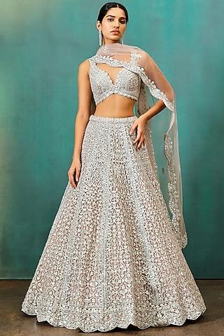 taupe net zari embroidered lehenga set