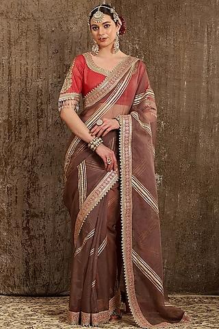 taupe organza badla machine embroidered saree set