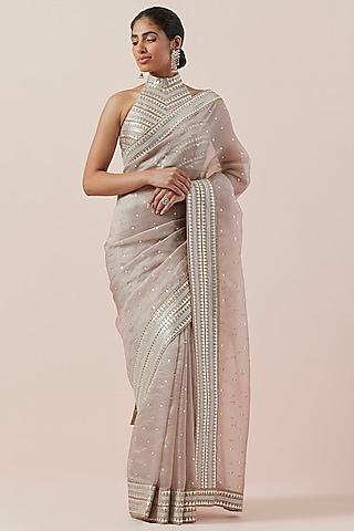 taupe silk organza hand embroidered saree set