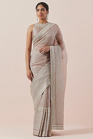 taupe silk organza hand embroidered saree set