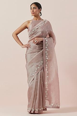 taupe silk organza hand embroidered saree set