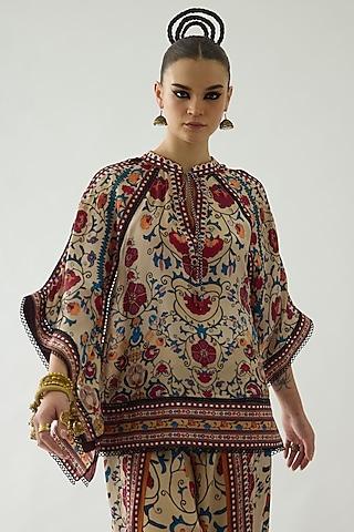 taupe silk printed poncho