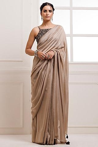 taupe silk tassel embellished saree set