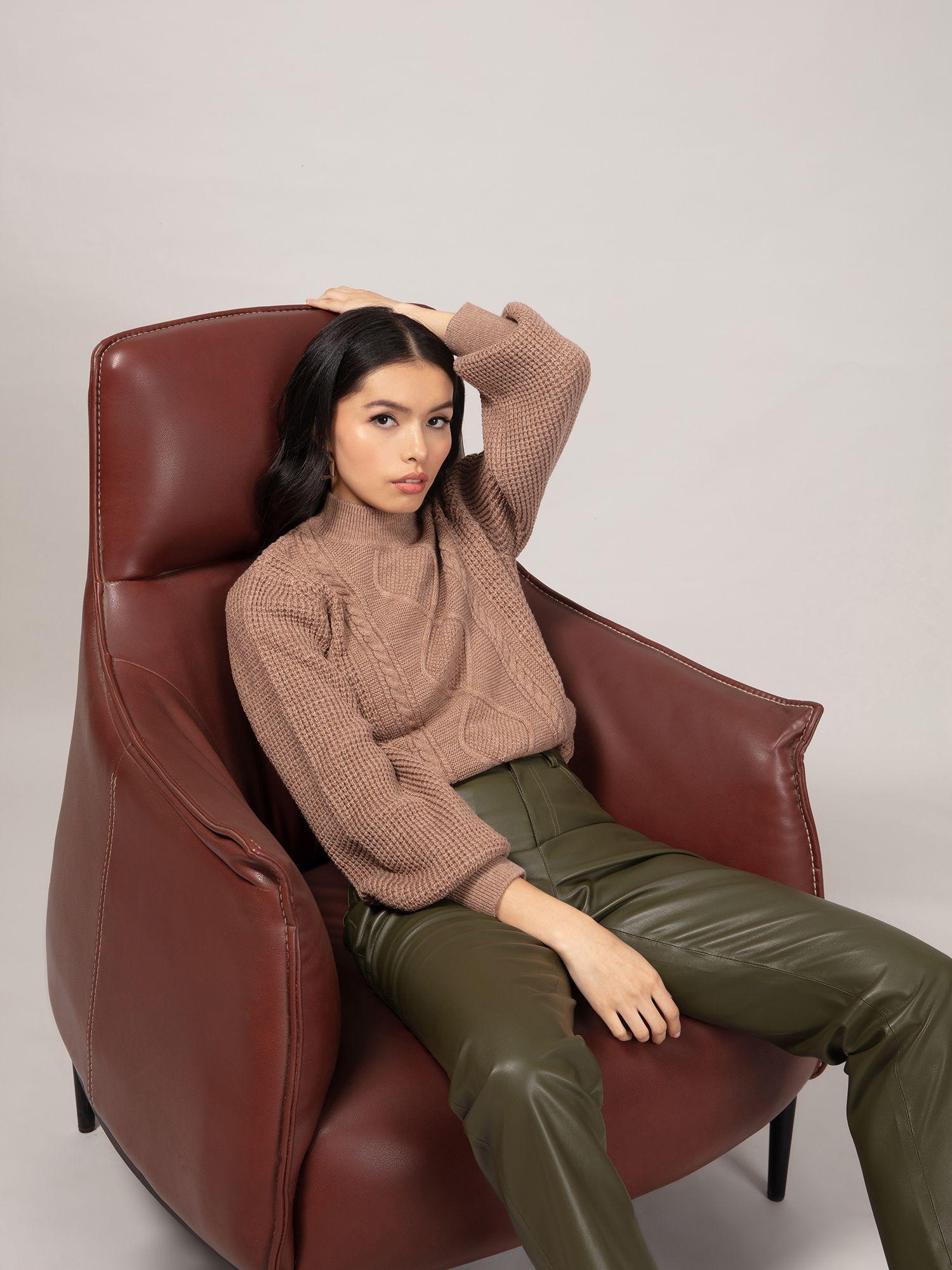 taupe solid high neck sweater