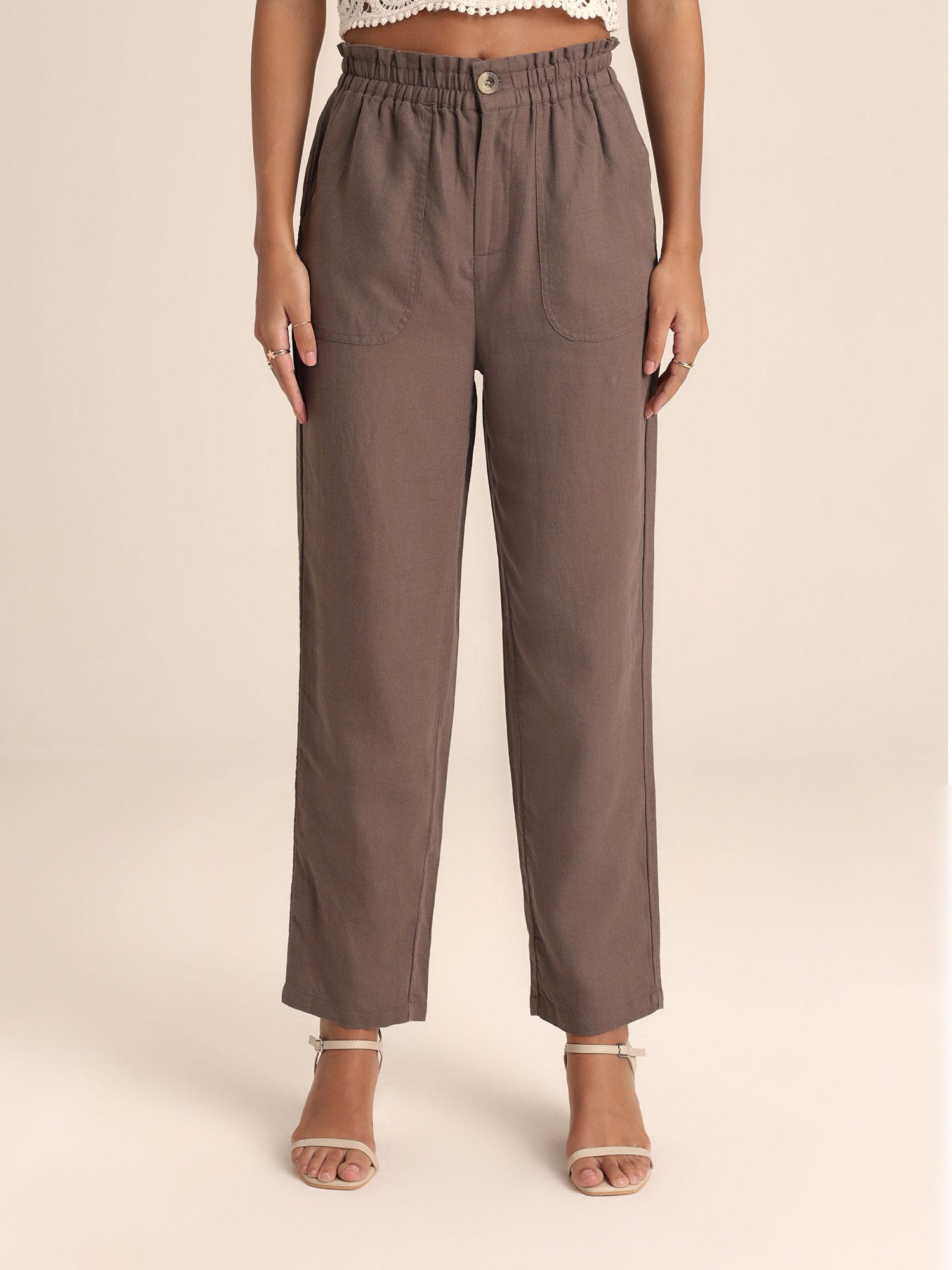 taupe solid high waist straight fit trousers