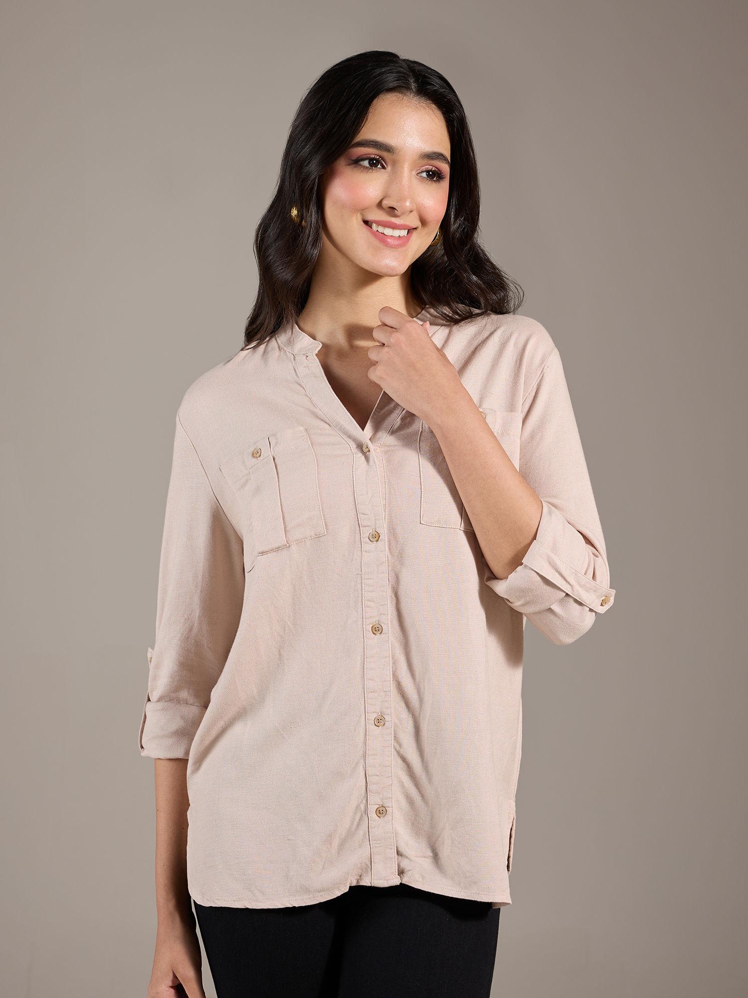 taupe solid mandarin collar roll up sleeves shirt