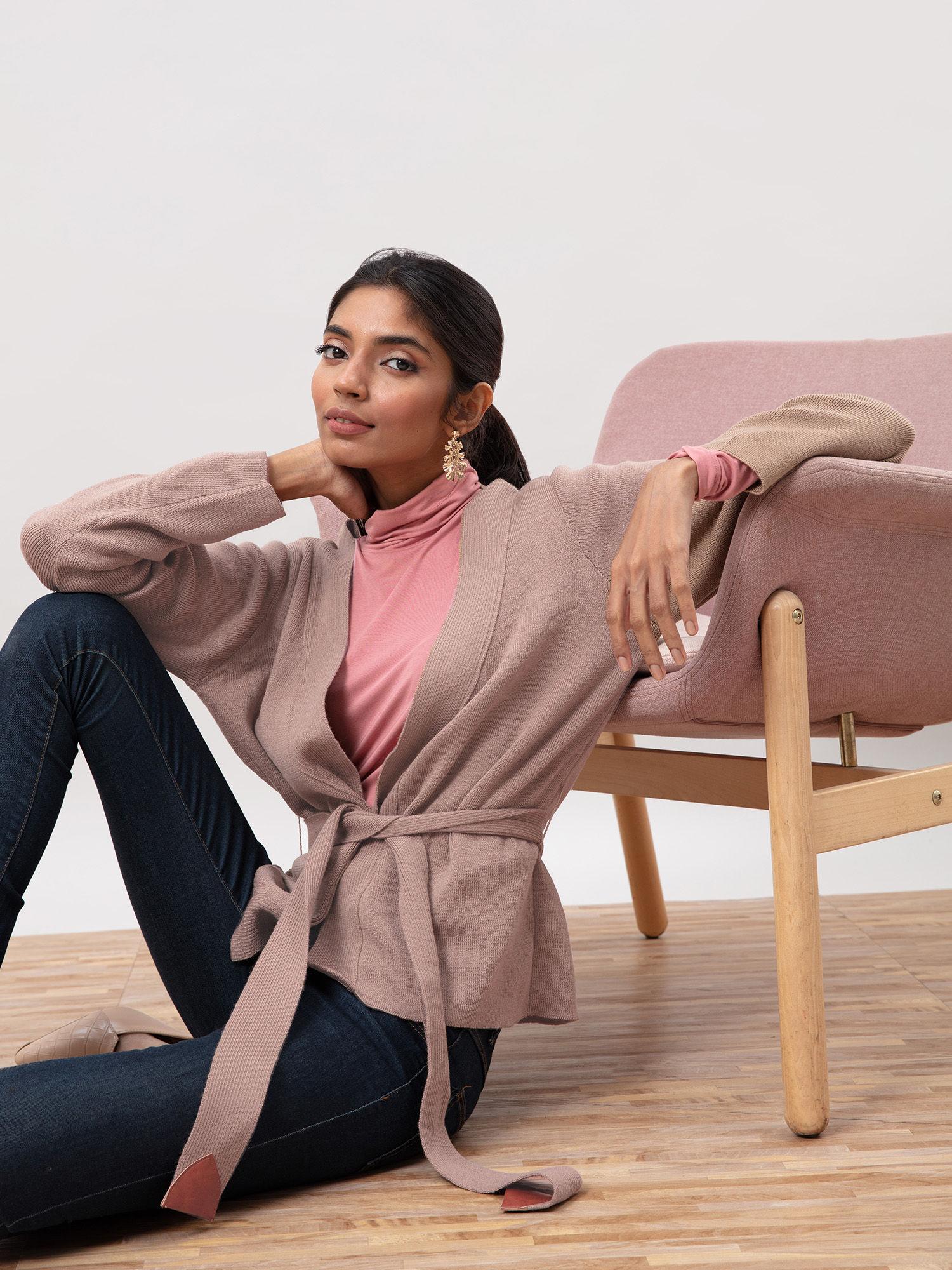 taupe solid plunge neck cardigan