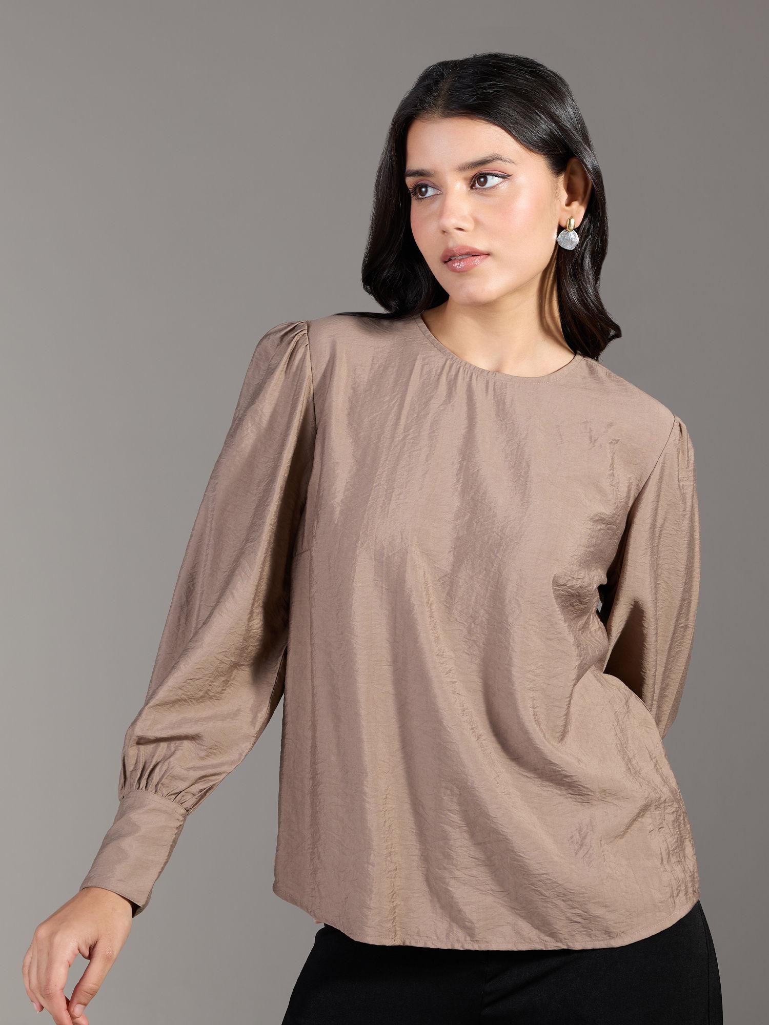 taupe solid round neck statement cuffs top