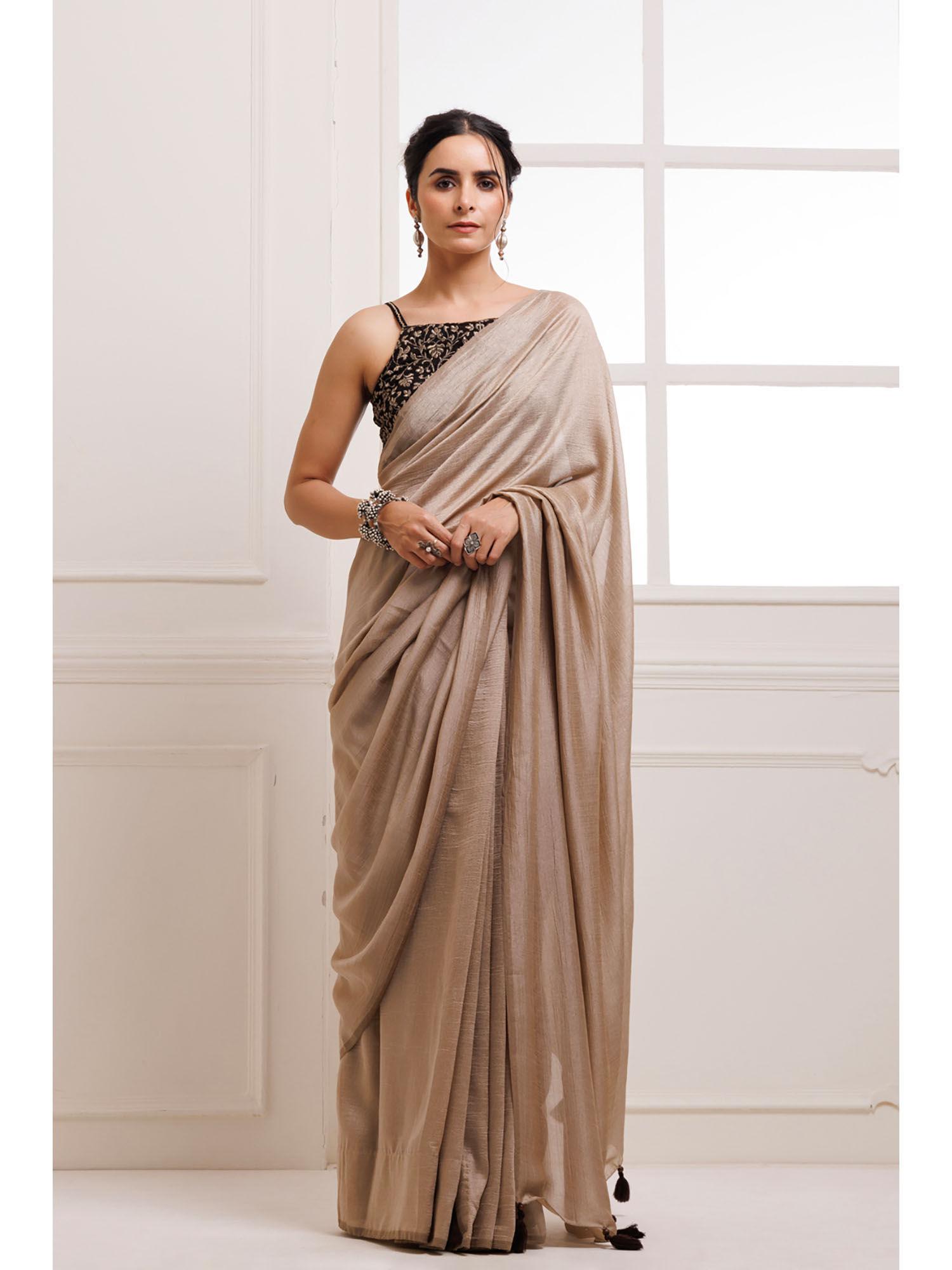 taupe solid silk saree with stitched blouse