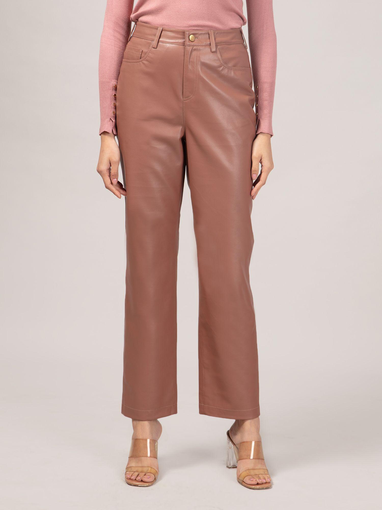 taupe straight fit faux leather pants