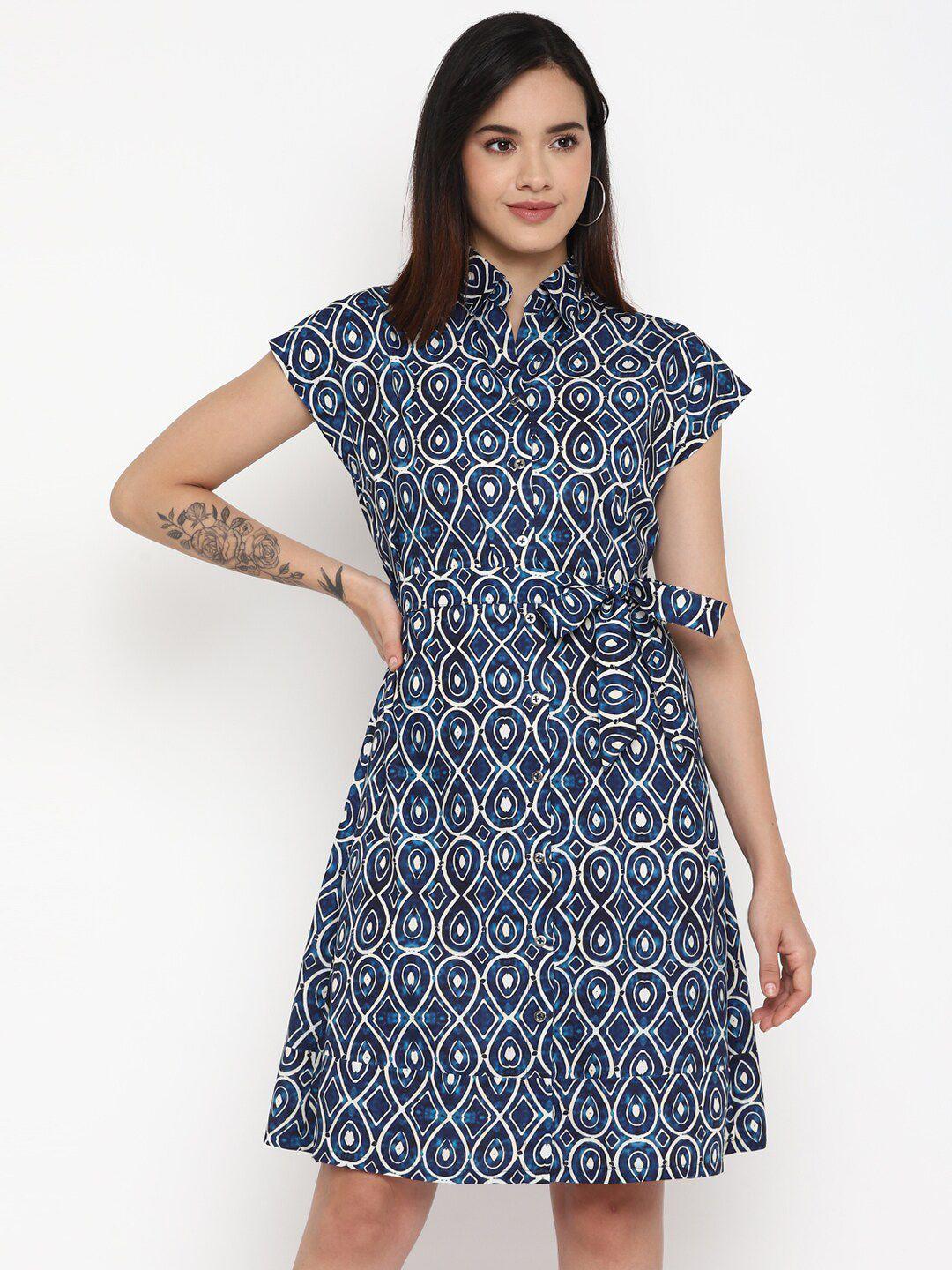 taurus shiet collar geometric printed crepe shirt dress with belt