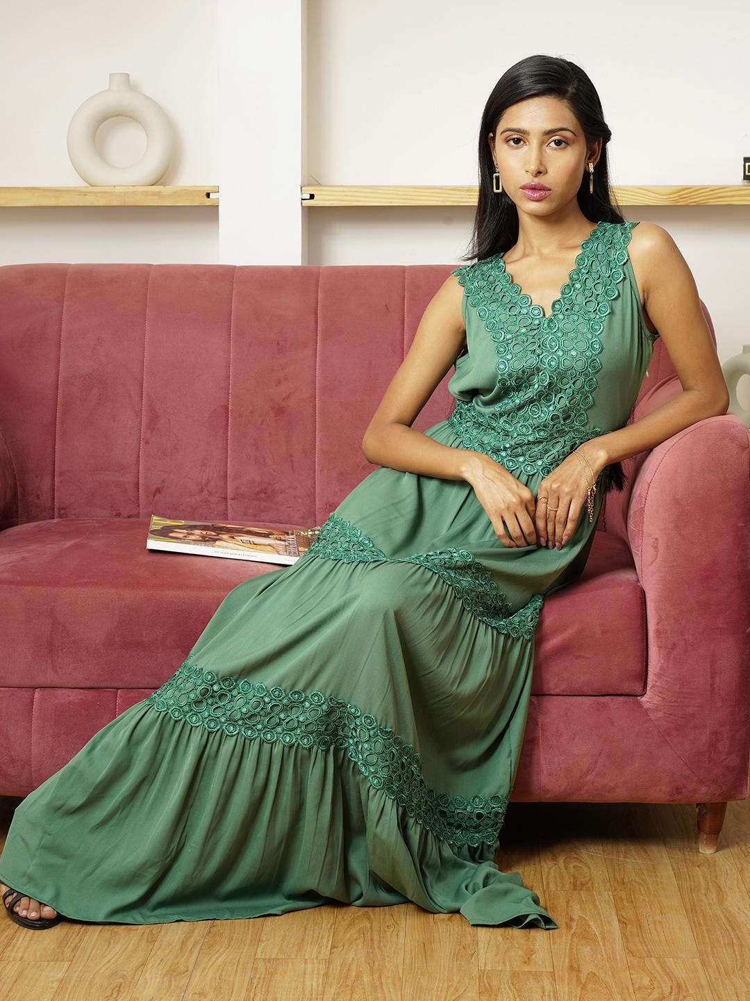 taurus teal ethnic motifs embroidered crepe maxi dress