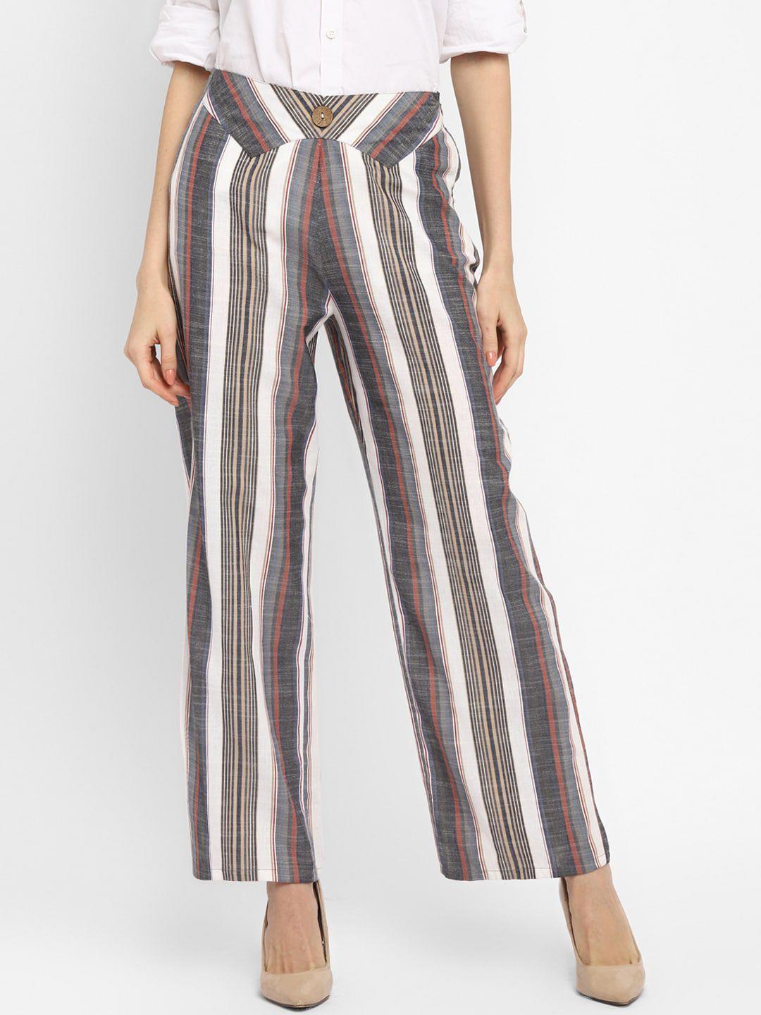 taurus women grey striped relaxed straight fit trousers