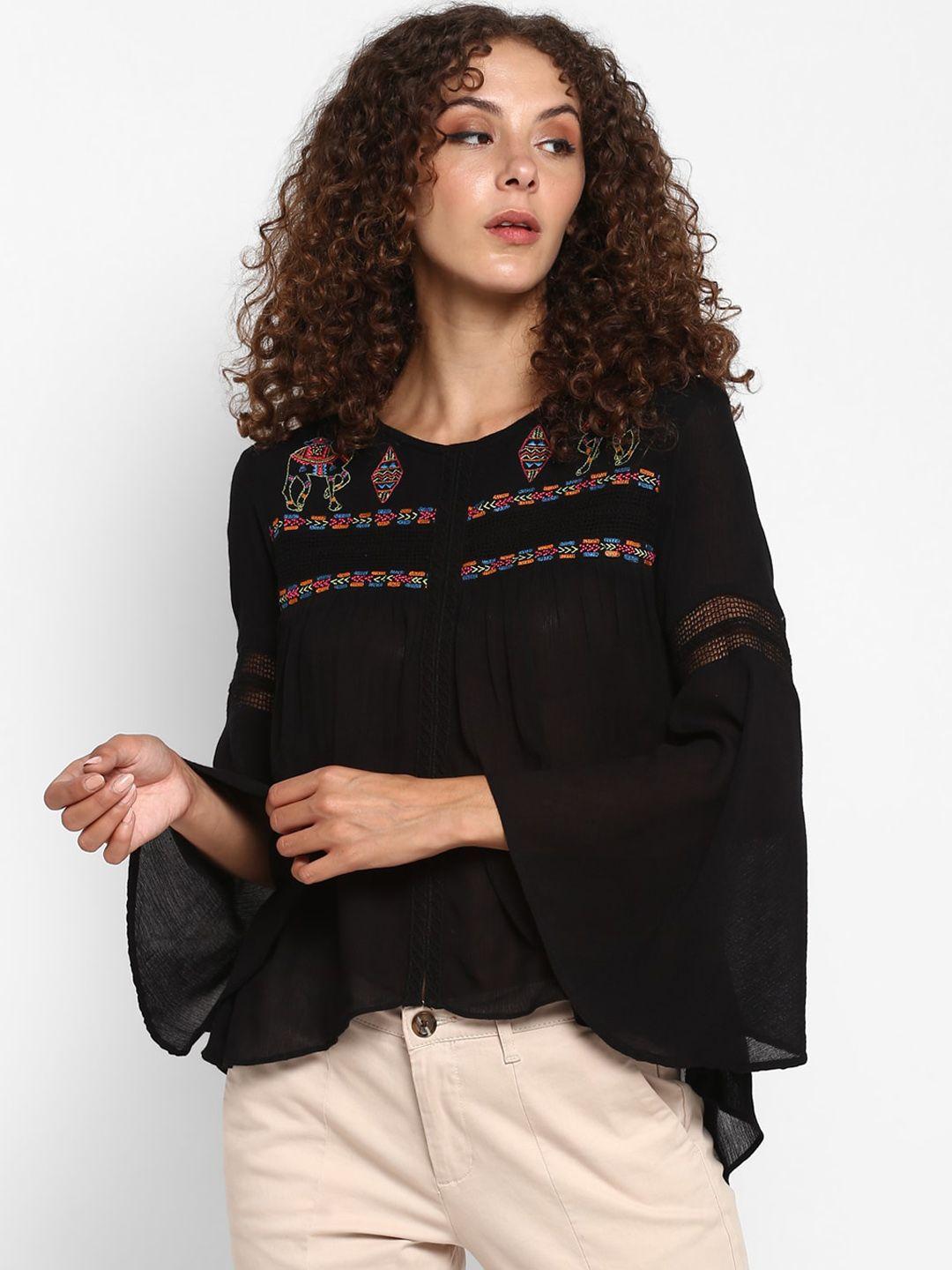 taurus black geometric embroidered flared sleeves a-line top