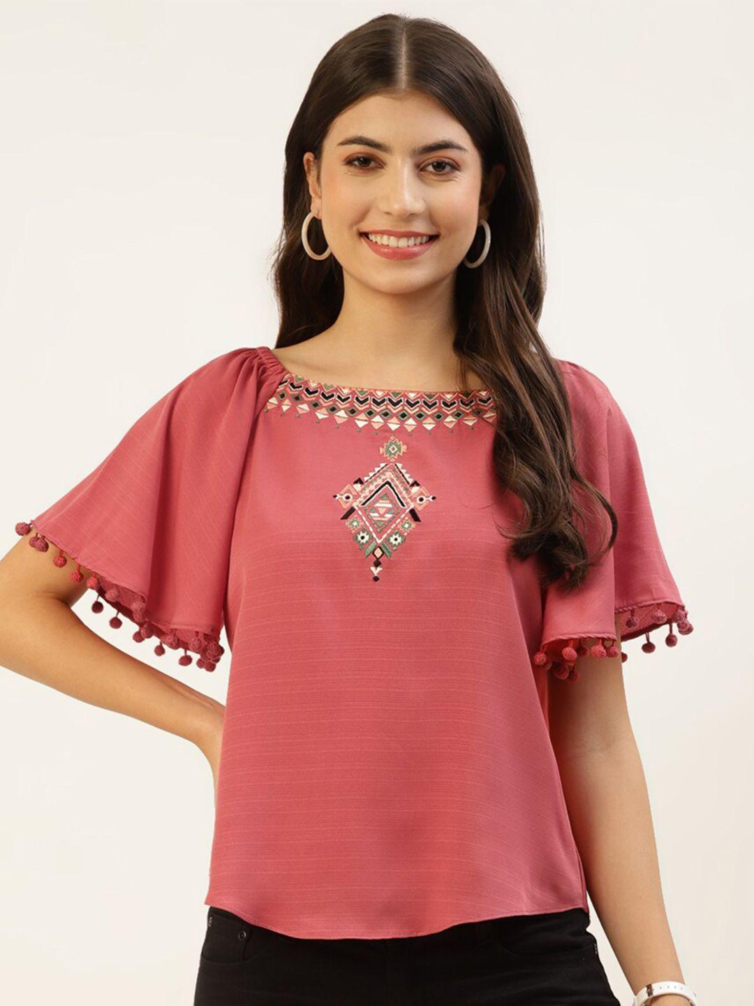 taurus ethnic motif embroidered flared sleeve top