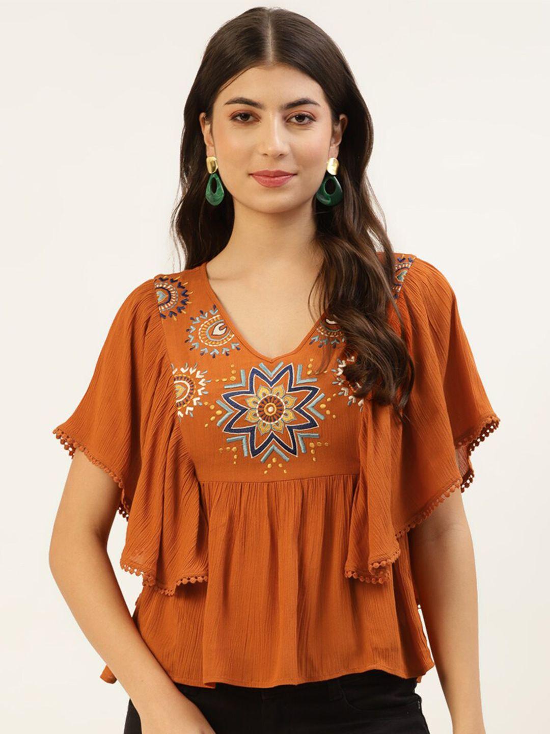 taurus ethnic motif embroidered flutter sleeve empire top