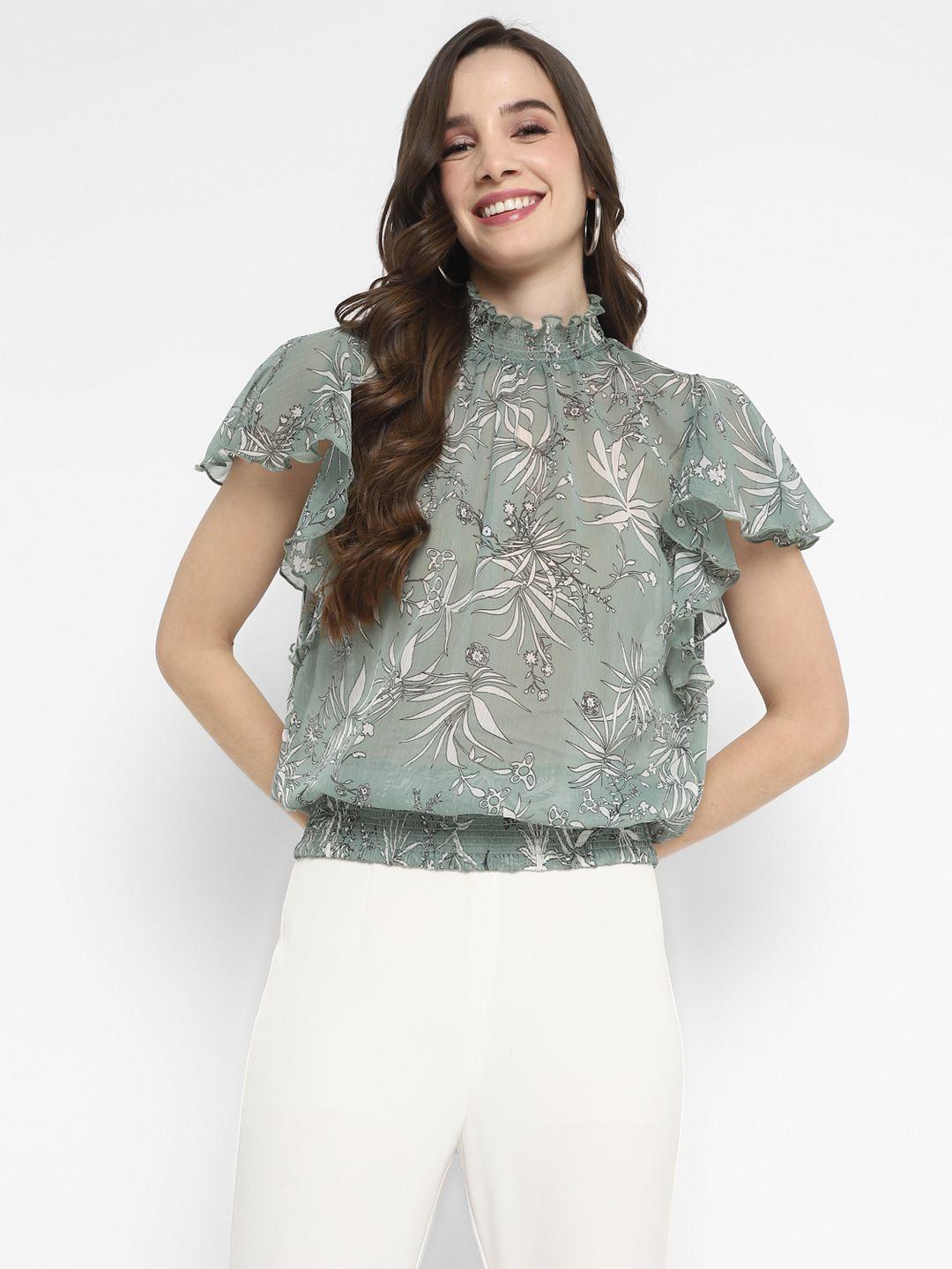 taurus floral printed high neck flutter sleeve smocked chiffon blouson top