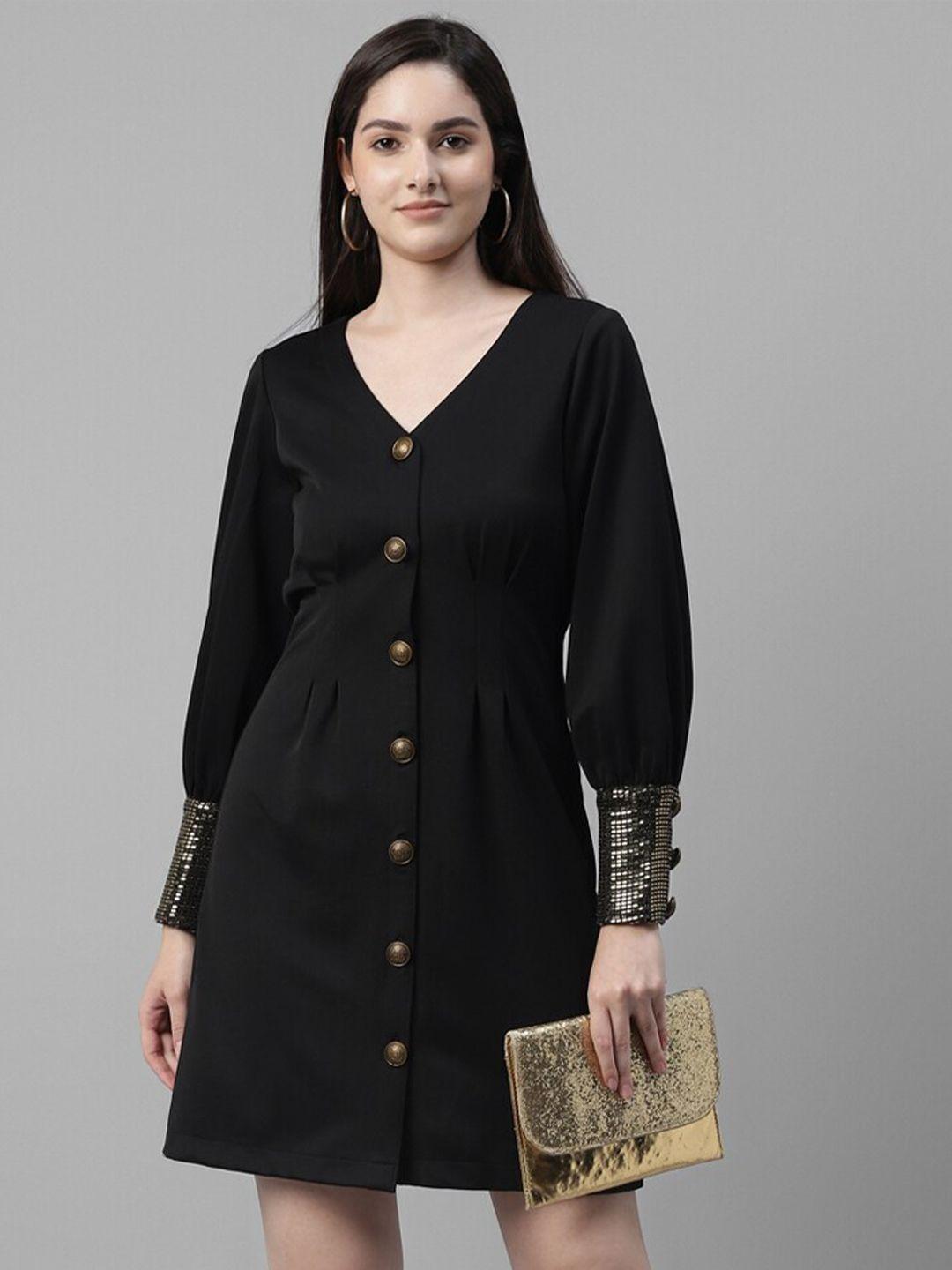 taurus v-neck cuffed sleeves embellished detailed a-line dress