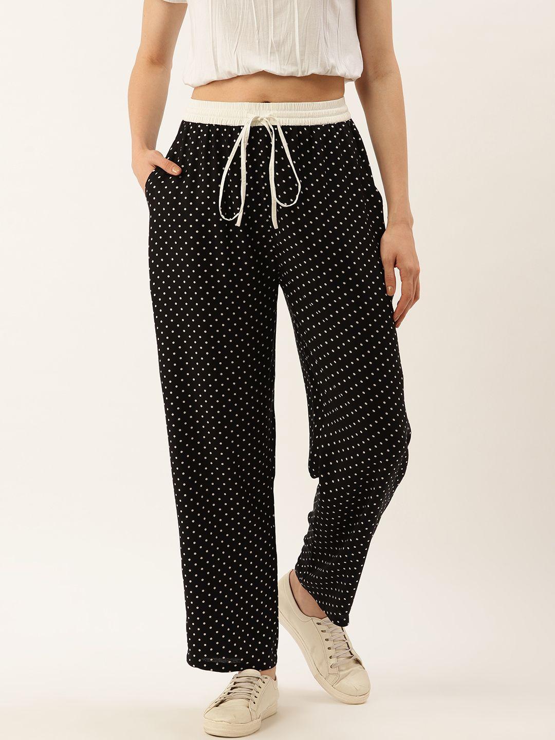 taurus women black & white regular fit printed parallel trousers