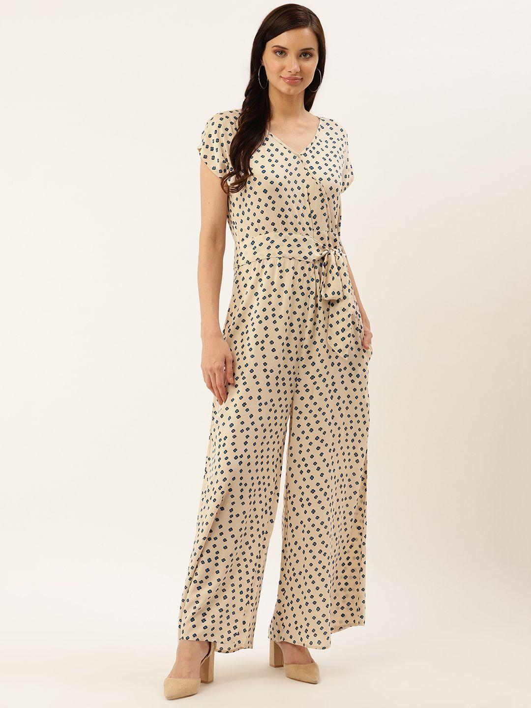 taurus women cream-coloured & blue printed basic jumpsuit