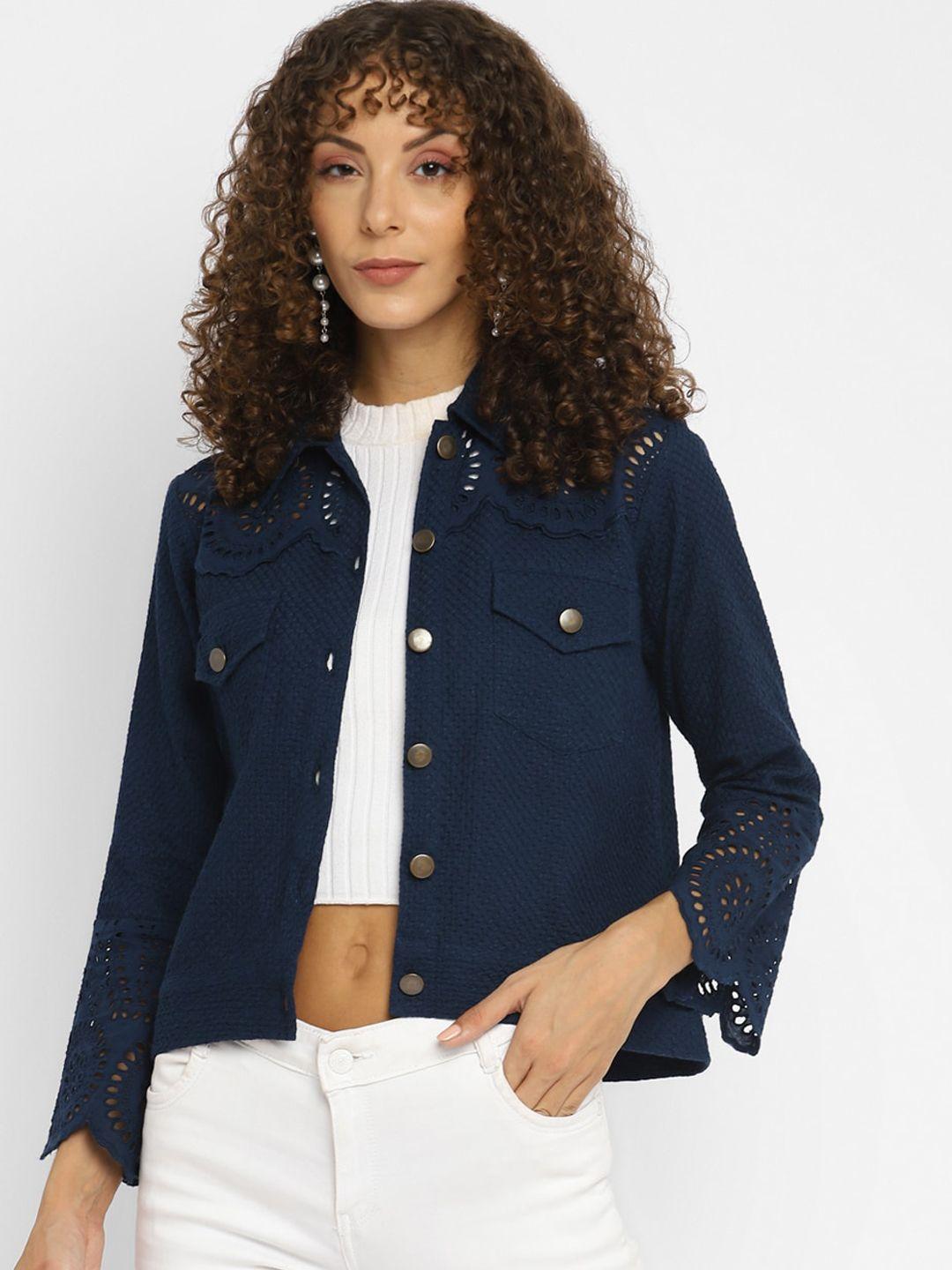taurus women navy blue crop outdoor denim jacket
