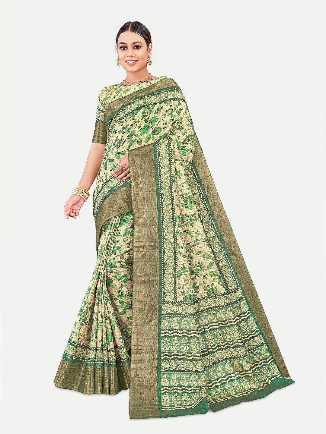 tavas green & gold-toned floral zari silk blend kota saree
