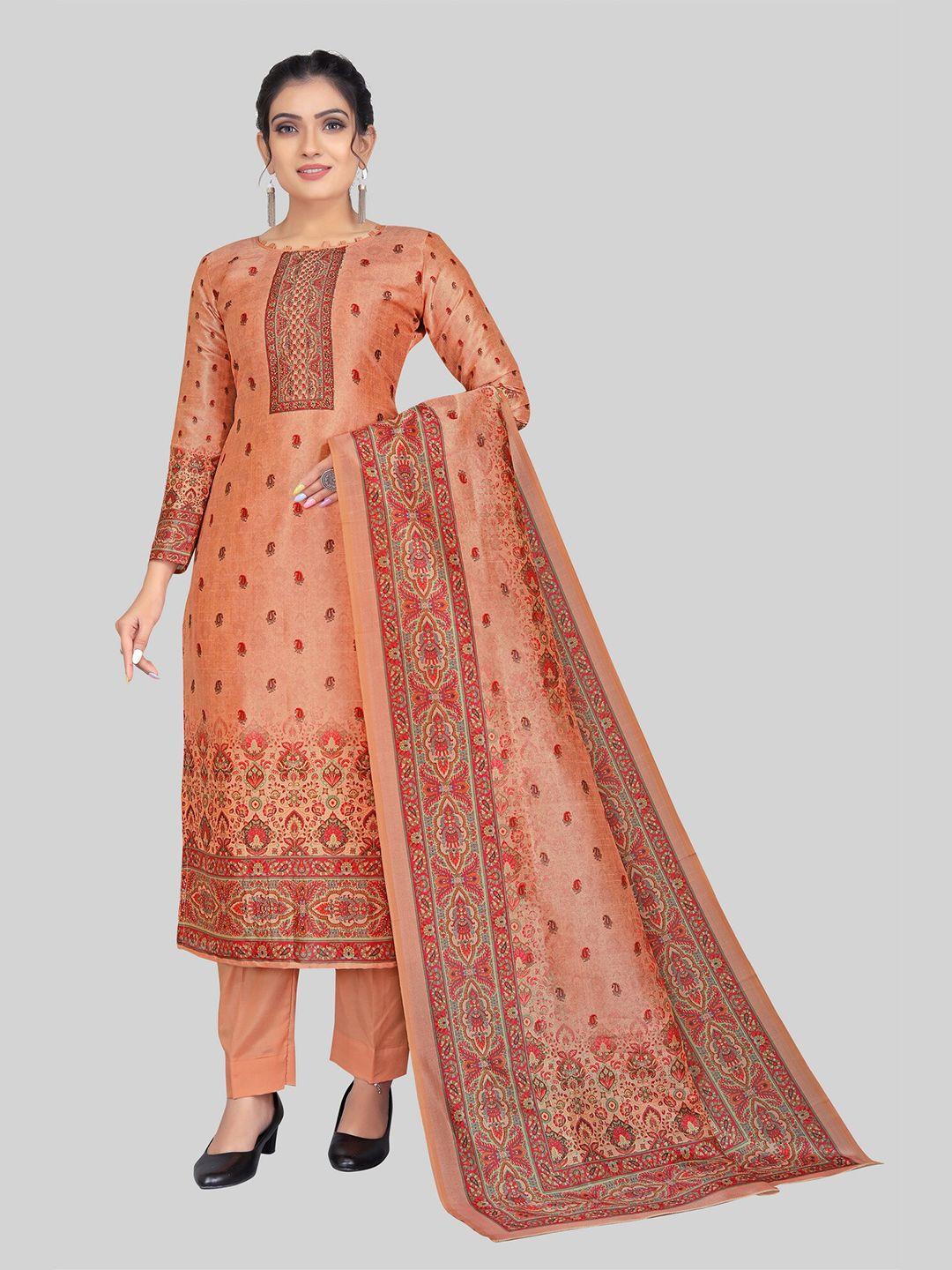 tavas peach-coloured & red printed art silk unstitched dress material