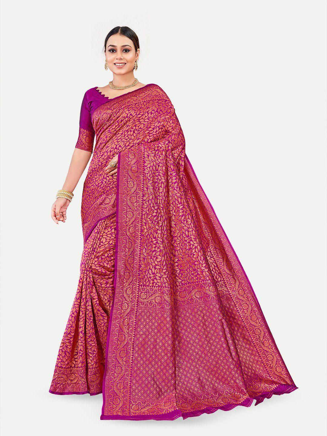 tavas purple & gold-toned woven design zari pure georgette banarasi saree