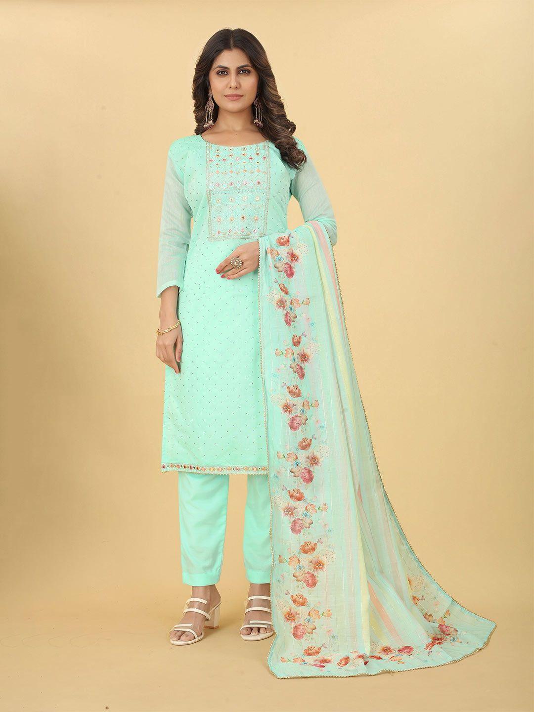 tavas turquoise blue & red embroidered unstitched dress material