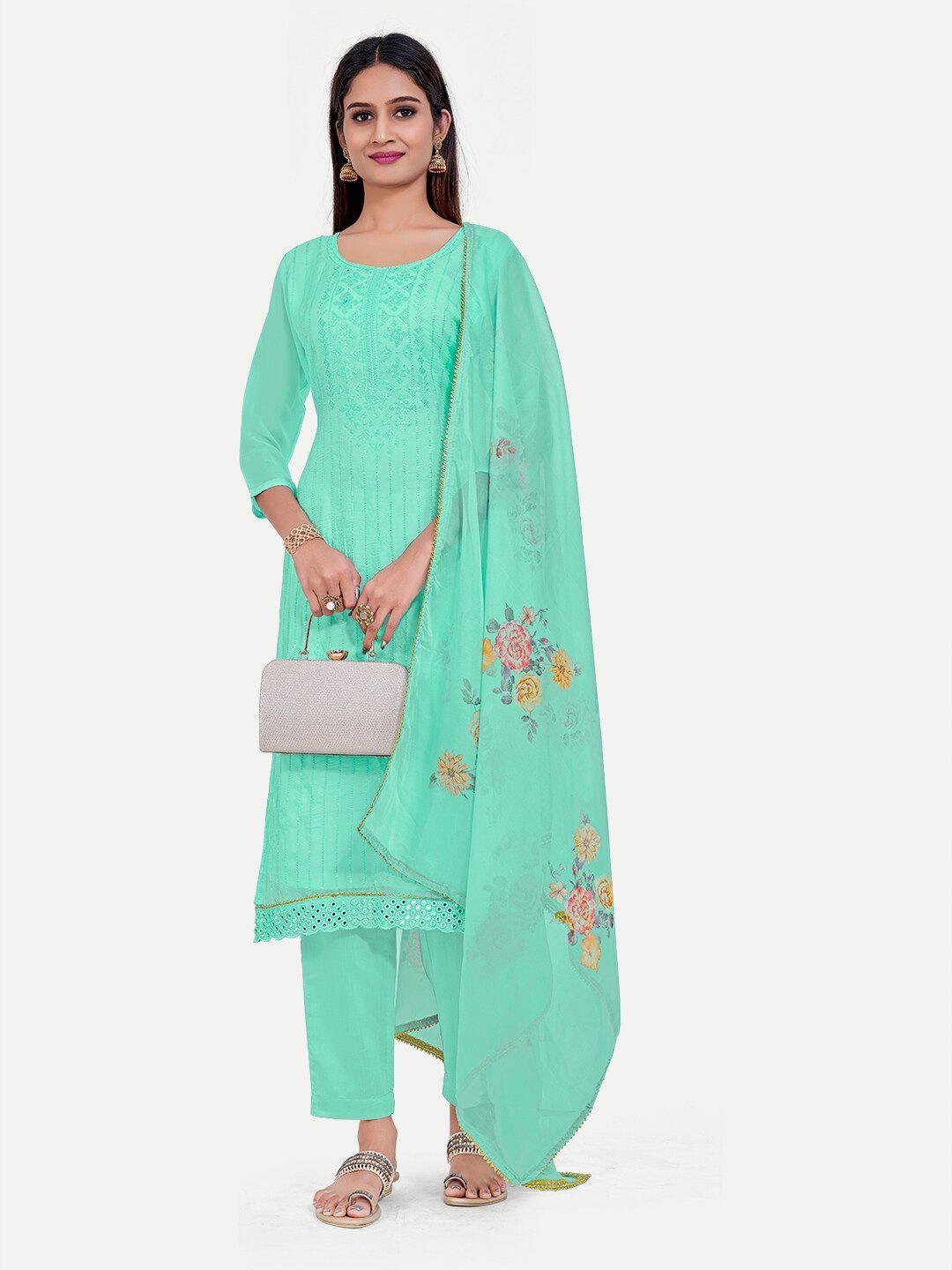 tavas turquoise blue & yellow embroidered unstitched dress material