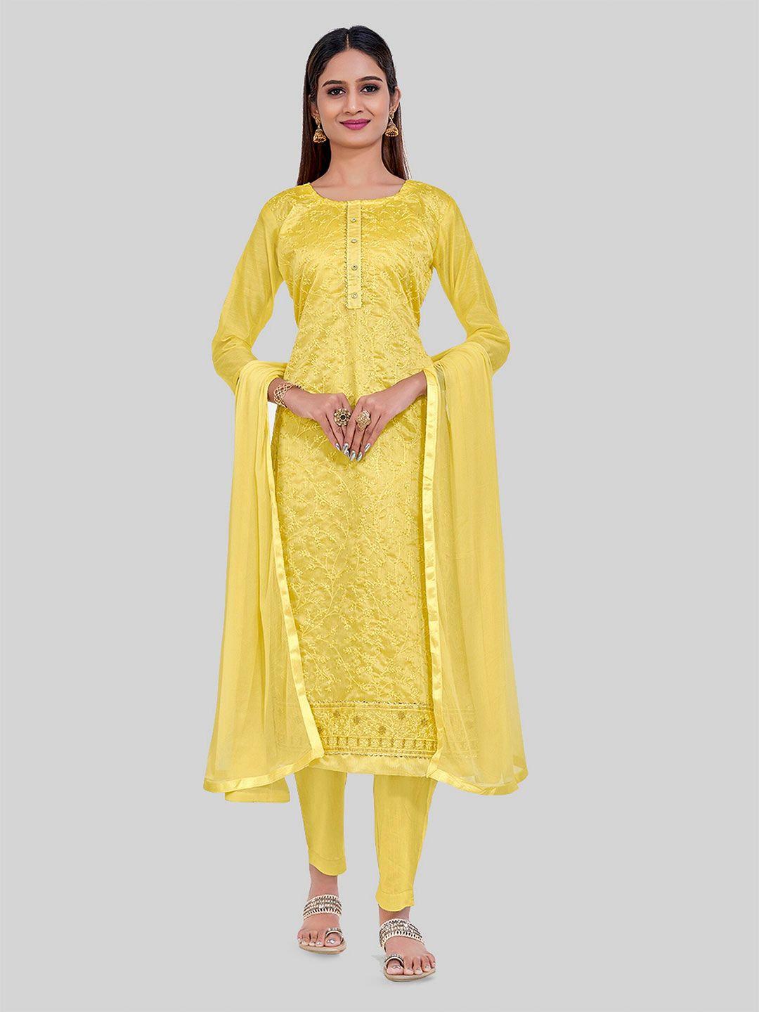 tavas yellow embroidered unstitched dress material