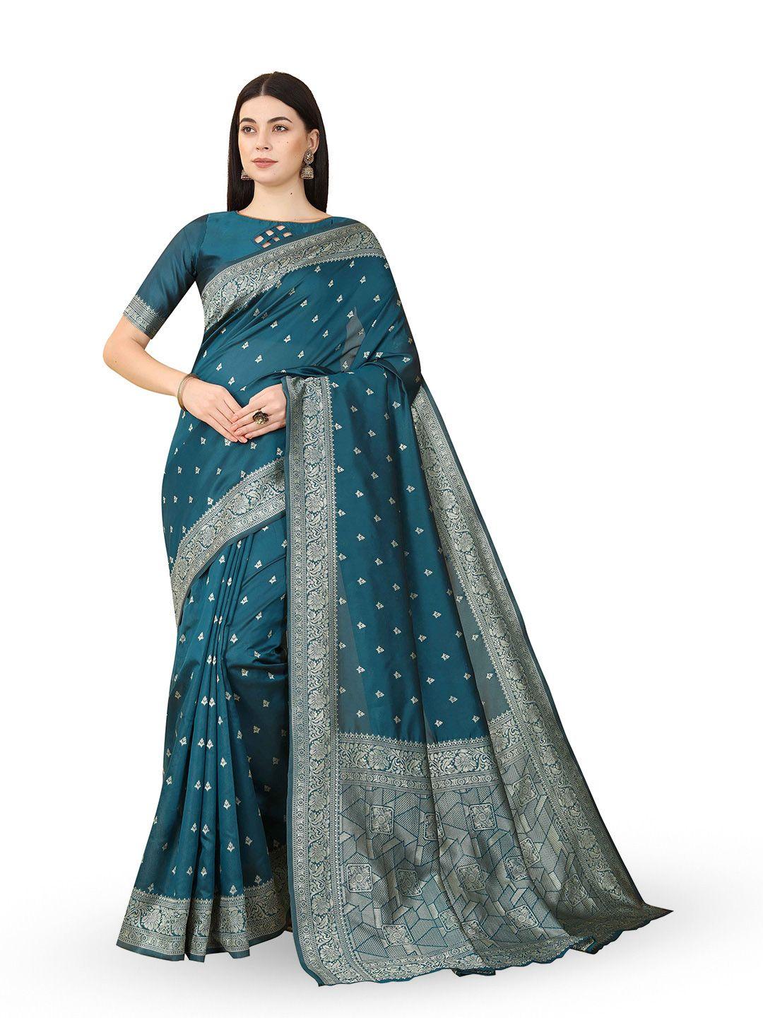 tavas blue & gold-toned woven design zari pure georgette banarasi saree